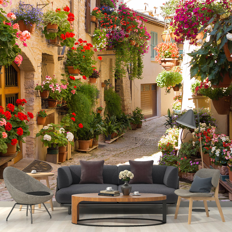 Non-Woven Textured Mural Wallpaper Full Size Multi-Colored Fresh Flower and Avenue Wall Decor, Customized Size Available