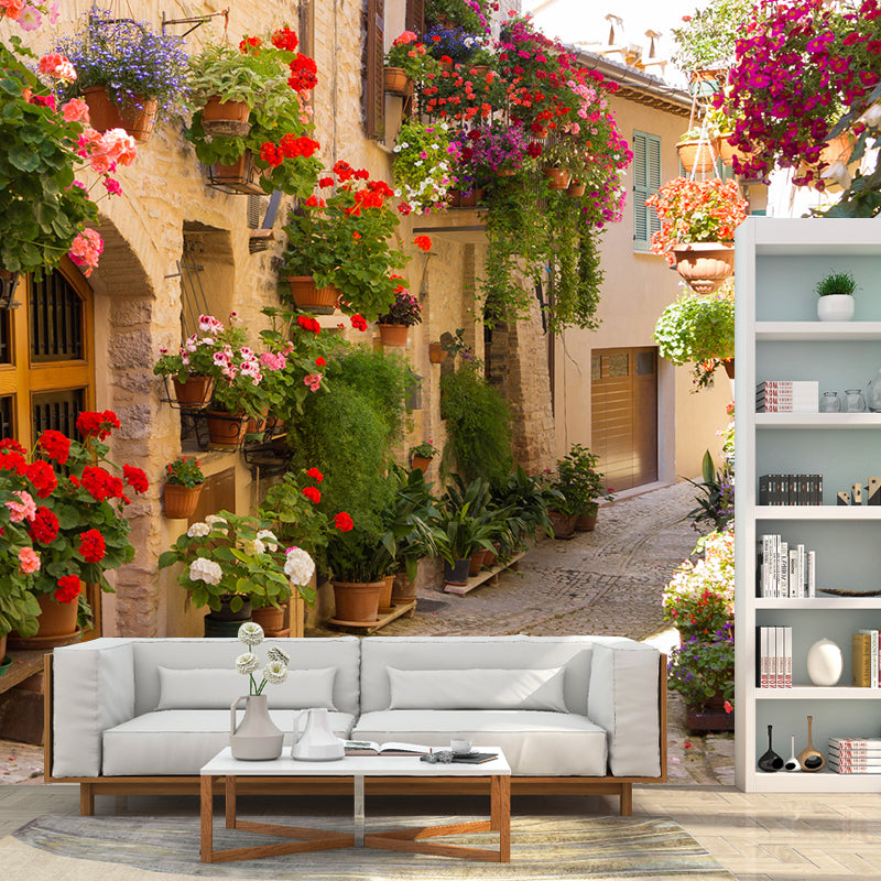 Non-Woven Textured Mural Wallpaper Full Size Multi-Colored Fresh Flower and Avenue Wall Decor, Customized Size Available