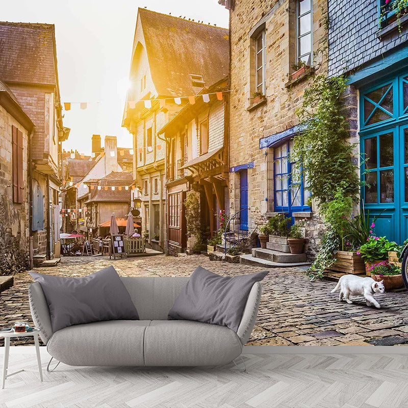Moisture-Resistant Mural Non-Woven Fabric Mediterranean Street View Wall Art for Decoration