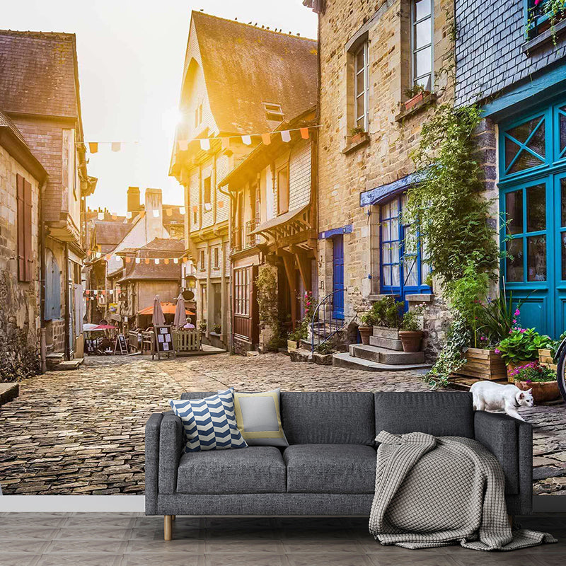 Moisture-Resistant Mural Non-Woven Fabric Mediterranean Street View Wall Art for Decoration