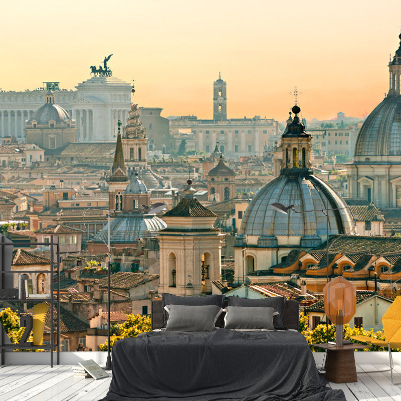 Photo Style Contemporary Mural Wallpaper for Bedroom with Urban View and Classic Building in Neutral Color
