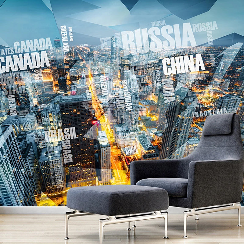 Full Size Wall Decor for Living Room Name of Various Countries and Retro Tower Wall Mural in Warm Color, Stain Resistant