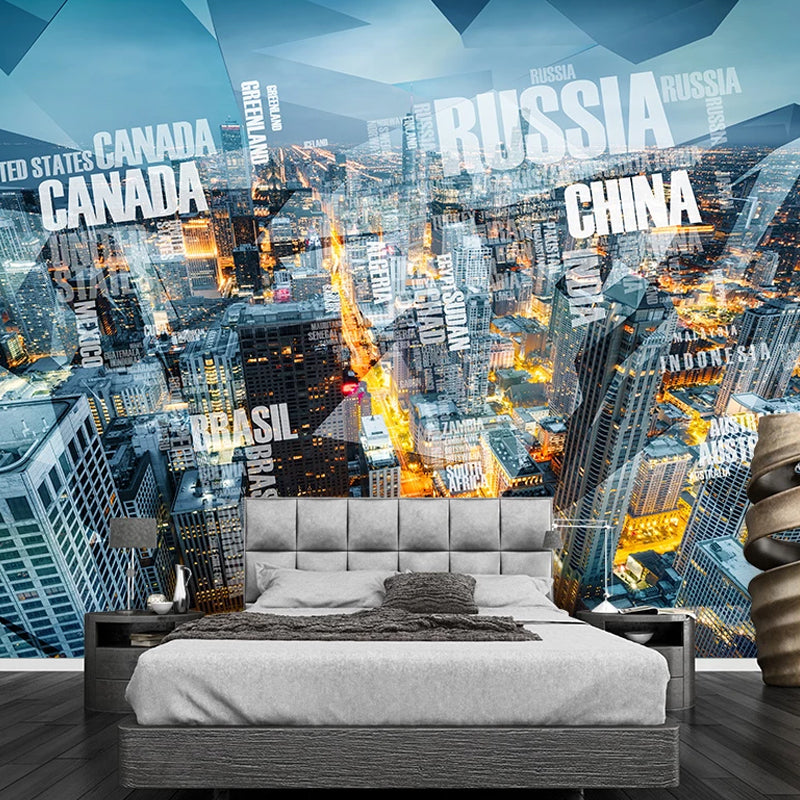 Full Size Wall Decor for Living Room Name of Various Countries and Retro Tower Wall Mural in Warm Color, Stain Resistant