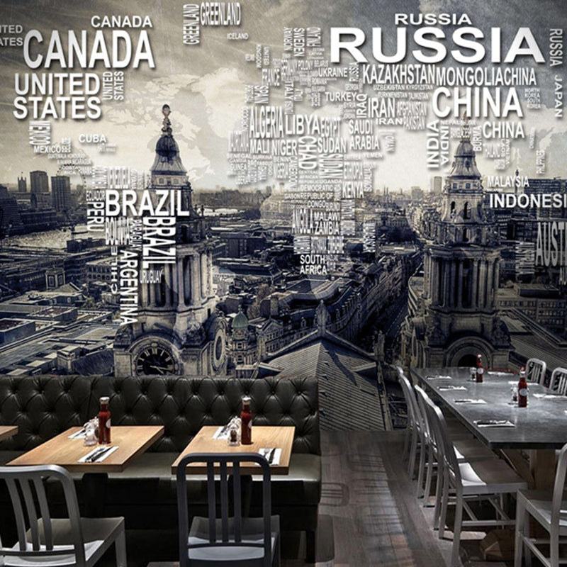 Full Size Wall Decor for Living Room Name of Various Countries and Retro Tower Wall Mural in Warm Color, Stain Resistant