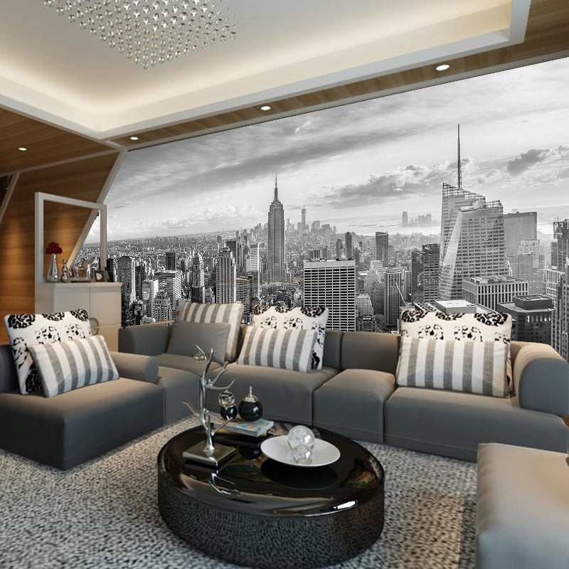 Contemporary City View Mural Wallpaper for Accent Wall, Black and White, Made to Measure