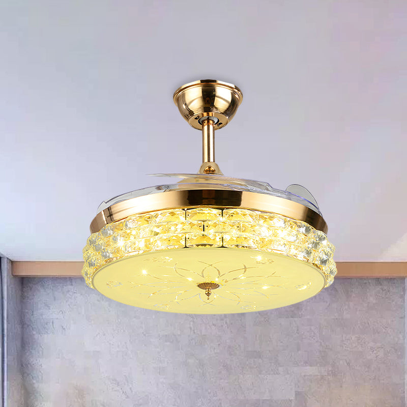 Circulair kristal semi -spoeling lichtarmatuur minimalistische hal 42,5 "brede led plafondventilator met 3 heldere messen