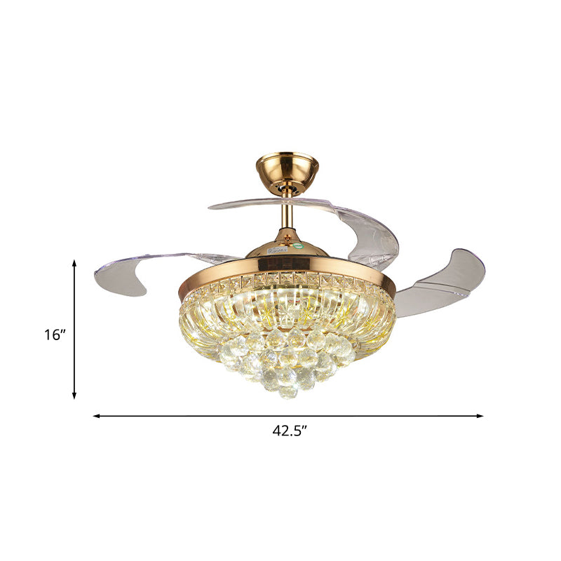 3 messen kristallen led plafondventilator licht modernistische gouden conische woonkamer semi-flush mount, 42,5 "w