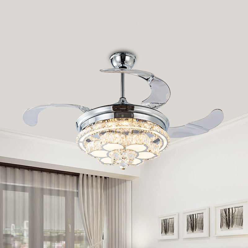 Crystal-ingelegde Chrome Fan Light Kit Floral 3-Blade Modernistische LED Semi Mount Lighting, 19,5 "breedte