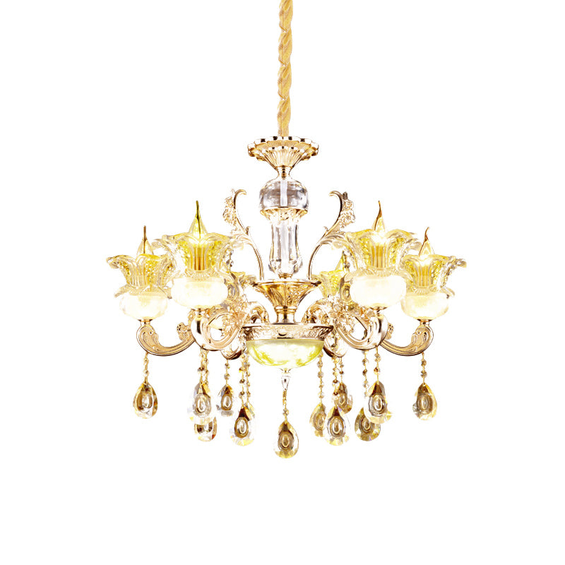 6 Lights Floral Hanging Chandelier Mid-Century Gold Crystal Ceiling Suspension Lamp