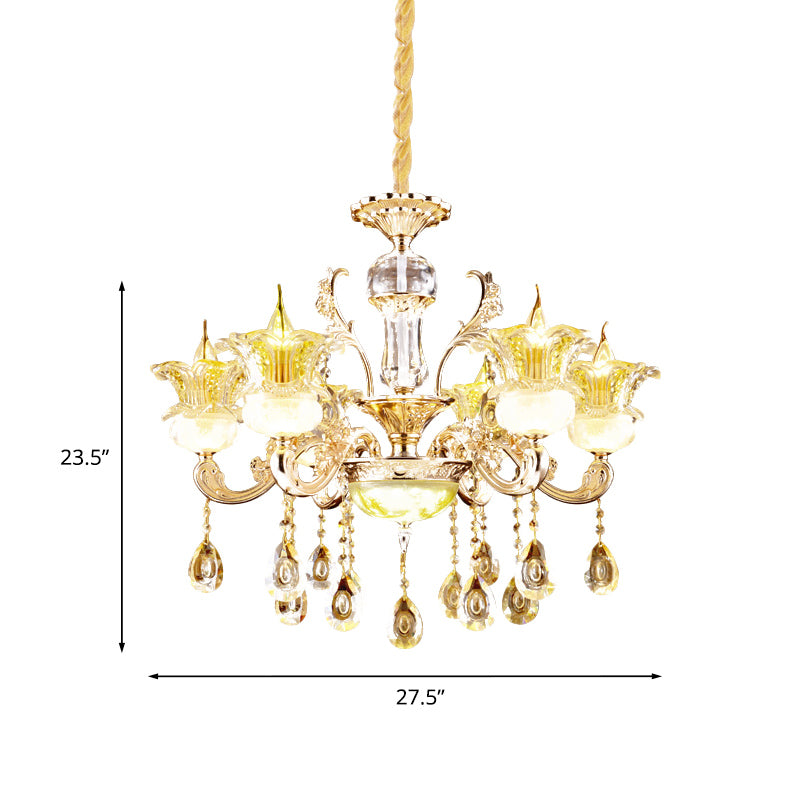 6 Lights Floral Hanging Chandelier Mid-Century Gold Crystal Ceiling Suspension Lamp