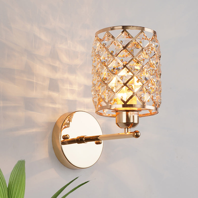 1 Lampenkristalleingefügte Wandleuchte Einfaches Goldzylindrisch -Gitter -Wohnzimmer Lampe Lampe