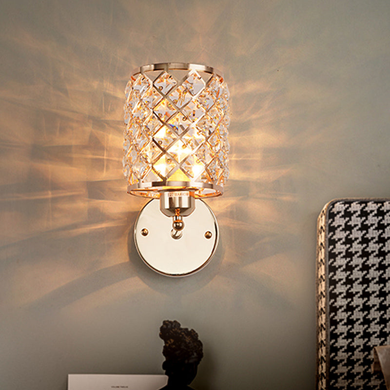 1 Lampenkristalleingefügte Wandleuchte Einfaches Goldzylindrisch -Gitter -Wohnzimmer Lampe Lampe