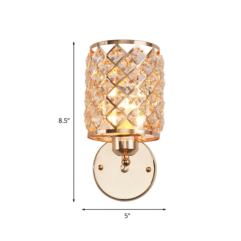 1 Lampenkristalleingefügte Wandleuchte Einfaches Goldzylindrisch -Gitter -Wohnzimmer Lampe Lampe
