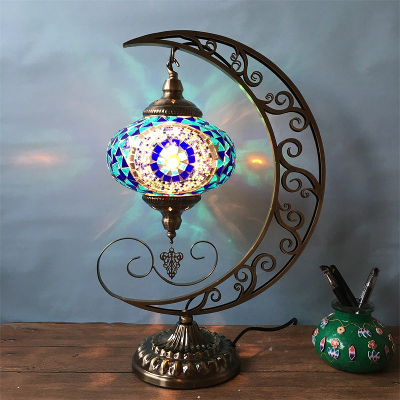 Lampada da tavolo ovale blu in vetro colorato decorativo con 1 lampadina, lampada da notte per camera da letto con braccio a forma di luna