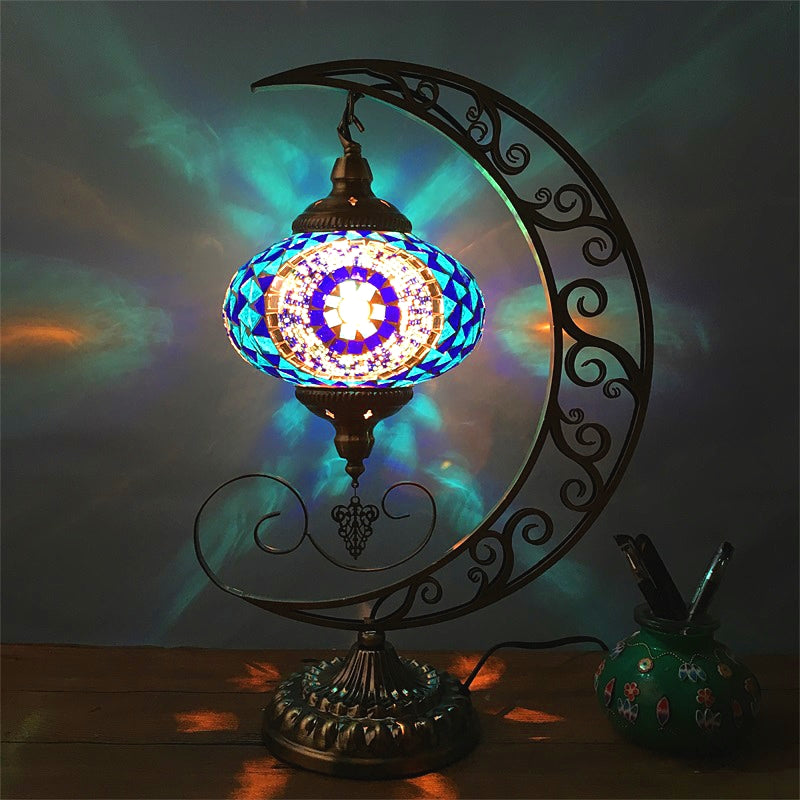 Blue Oval Table Light Decorative Stained Glass 1 Bulb Bedroom Night Lamp with Moon Shape Arm