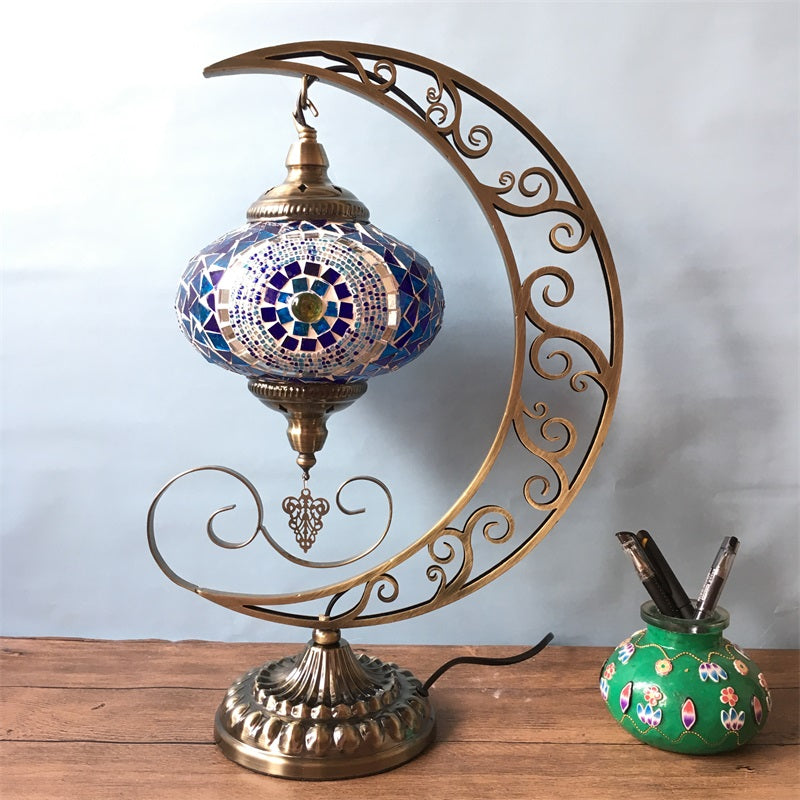 Lampada da tavolo ovale blu in vetro colorato decorativo con 1 lampadina, lampada da notte per camera da letto con braccio a forma di luna