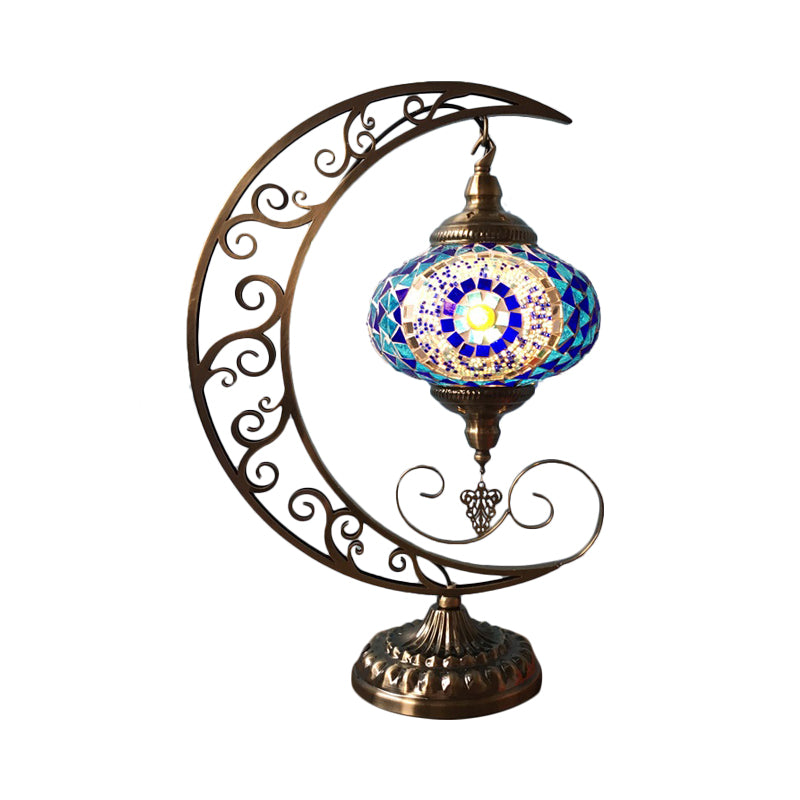 Lampada da tavolo ovale blu in vetro colorato decorativo con 1 lampadina, lampada da notte per camera da letto con braccio a forma di luna
