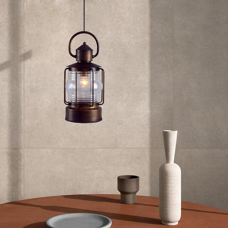 Bronze Lantern Suspension Light Arabian Clear Glass Single Bulb Restaurant Ceiling Lamp