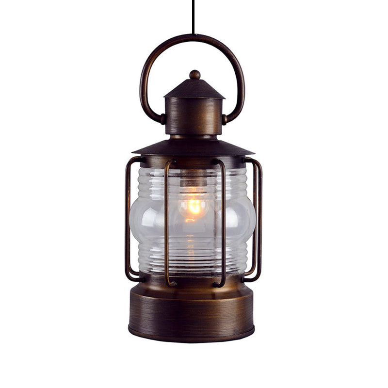 Bronze Lantern Suspension Light Arabian Clear Glass Single Bulb Restaurant Ceiling Lamp