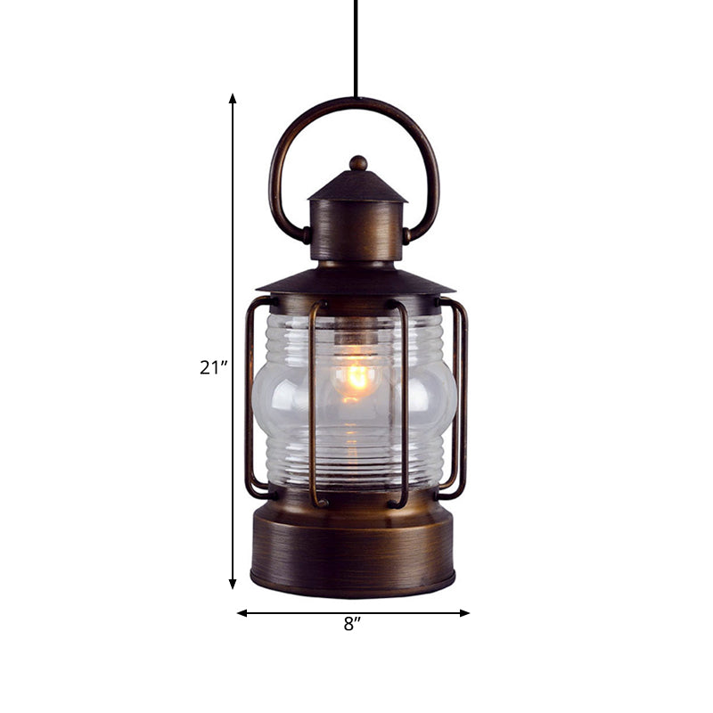 Bronze Lantern Suspension Light Arabian Clear Glass Single Bulb Restaurant Ceiling Lamp