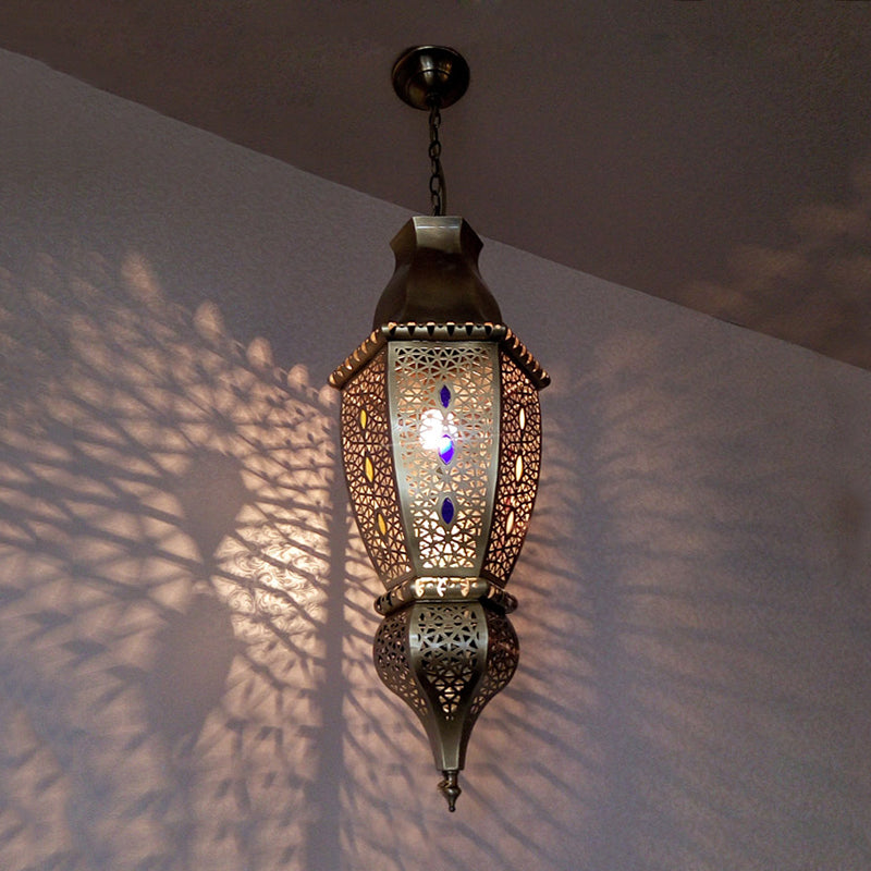 Rust 1-Bulb Pendant Light Arabian Metal Urn-Shaped Suspension Lamp with Hollow Design