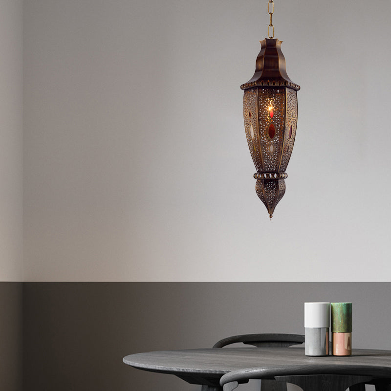 Rust 1-Bulb Pendant Light Arabian Metal Urn-Shaped Suspension Lamp with Hollow Design