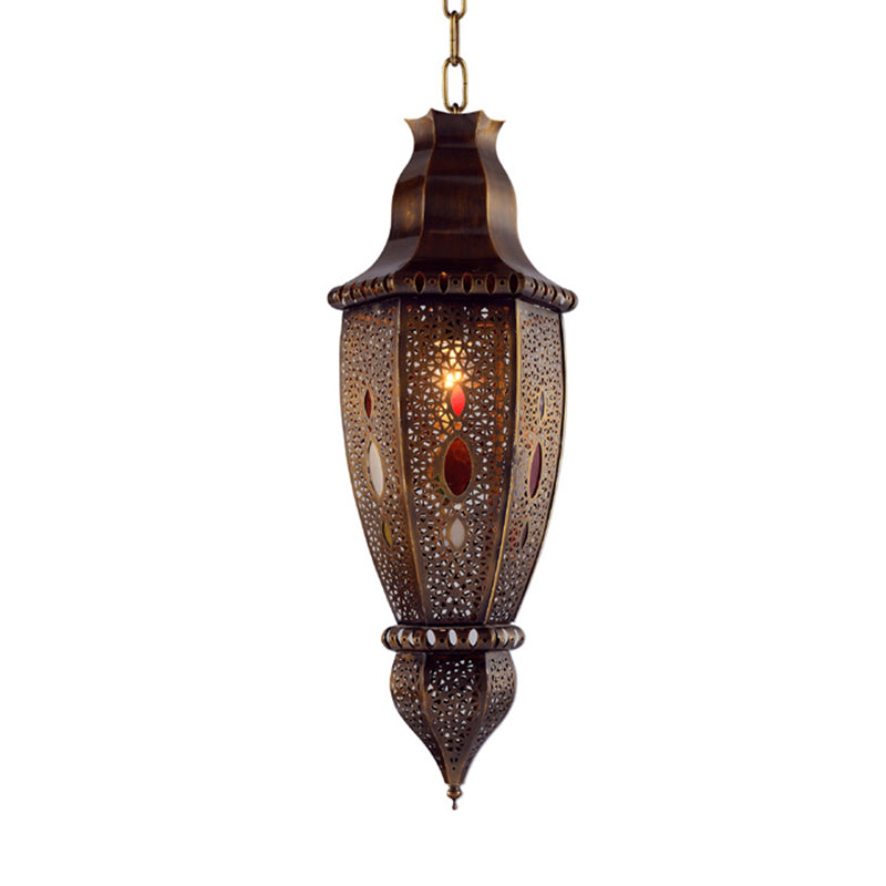 Rust 1-Bulb Pendant Light Arabian Metal Urn-Shaped Suspension Lamp with Hollow Design