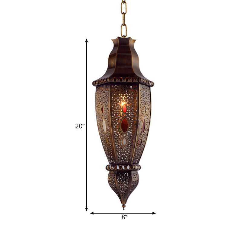 Rust 1-Bulb Pendant Light Arabian Metal Urn-Shaped Suspension Lamp with Hollow Design