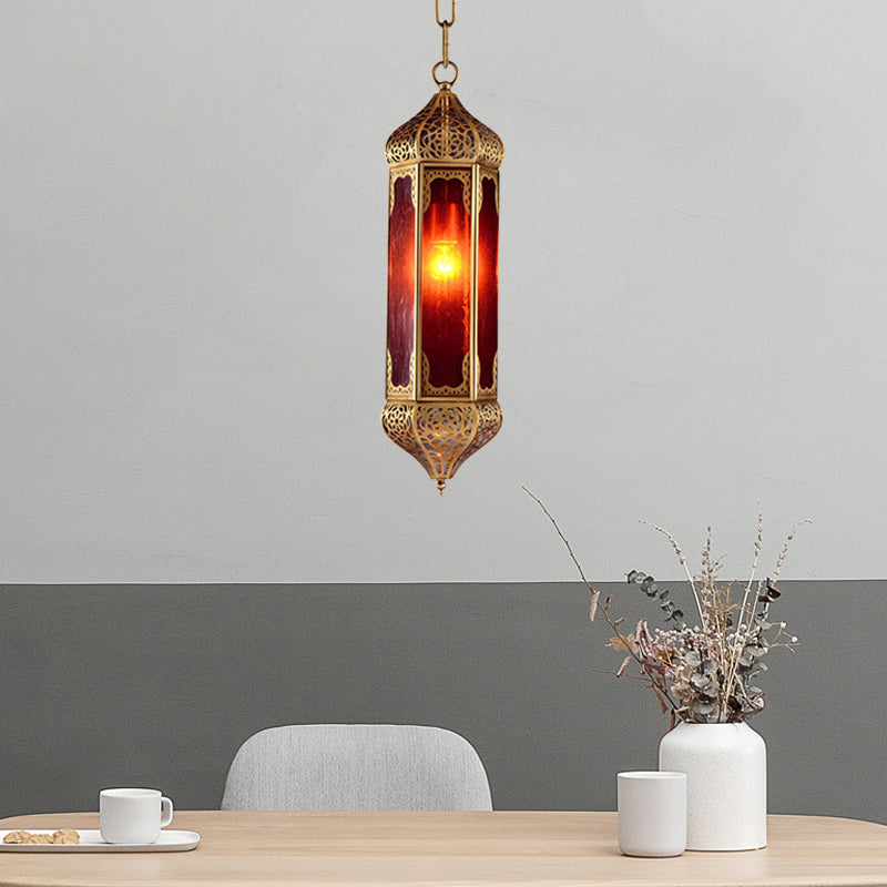 Arabian Lantern Hanging Lamp 1-Bulb Red Glass Suspension Light in Brass with Cutout Design