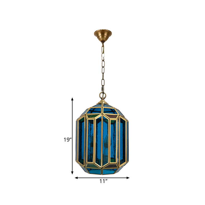 Blue Glass Lantern Ceiling Lamp Vintage 1-Light Bedroom Hanging Pendant Light with Open Bottom
