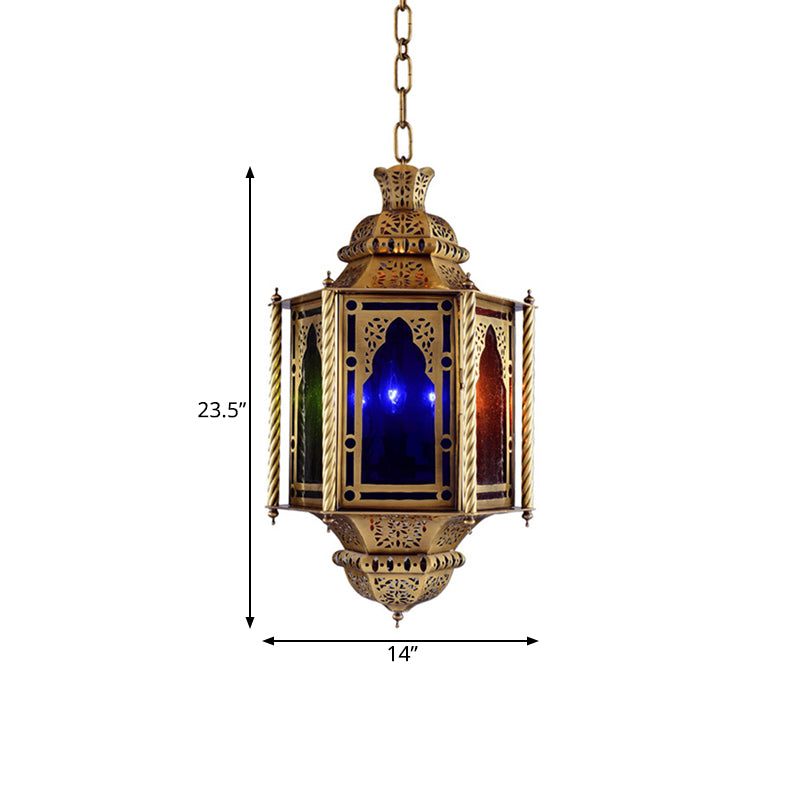 Vintage lantaarn plafondlicht 1 lamp metalen hanglamp in messing met kleurrijke glazen schaduw