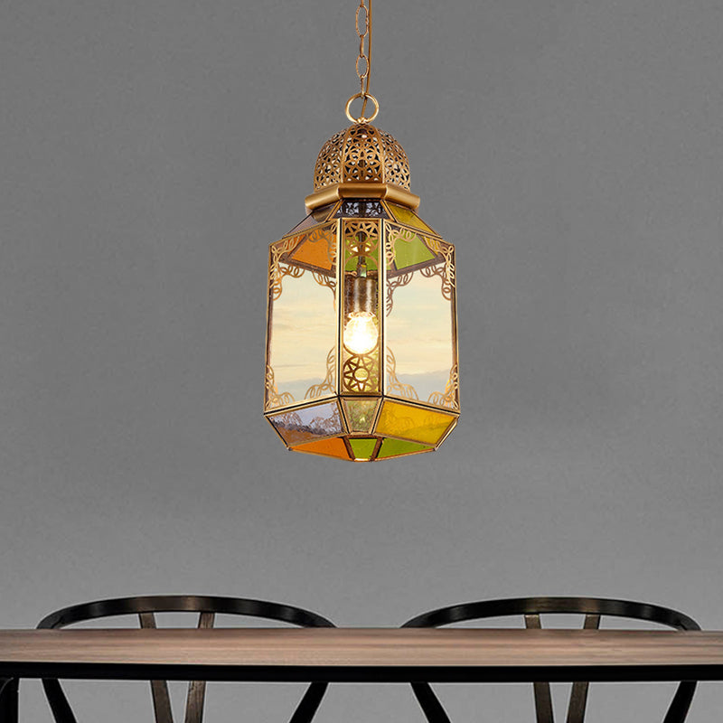Single Bulb Ceiling Lamp Retro Living Room Pendant with Lantern Clear Glass Shade in Brass