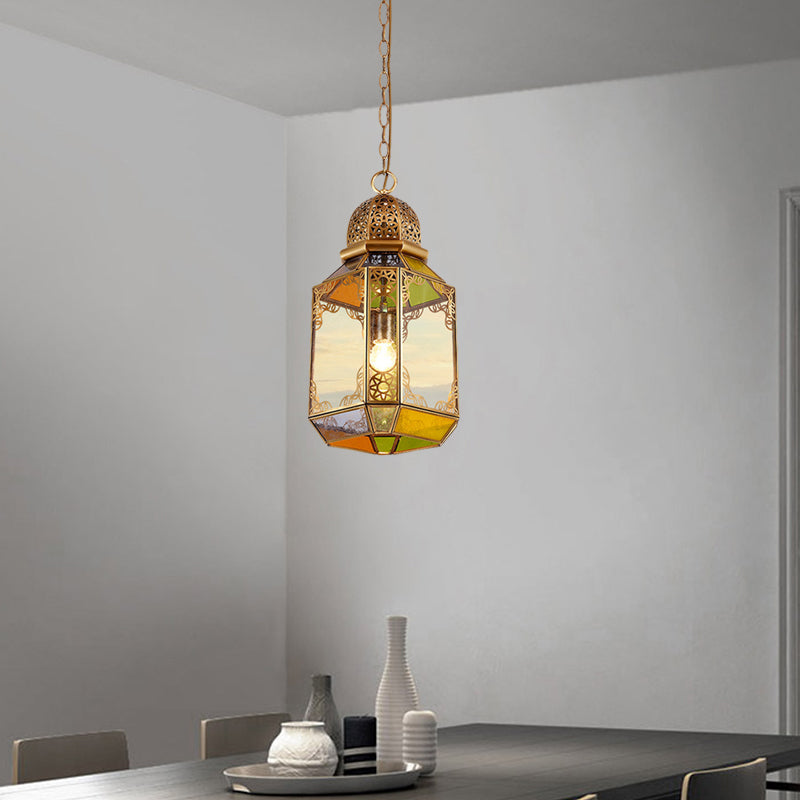 Single Bulb Ceiling Lamp Retro Living Room Pendant with Lantern Clear Glass Shade in Brass
