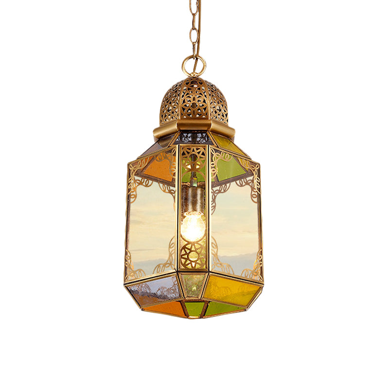 Single Bulb Ceiling Lamp Retro Living Room Pendant with Lantern Clear Glass Shade in Brass
