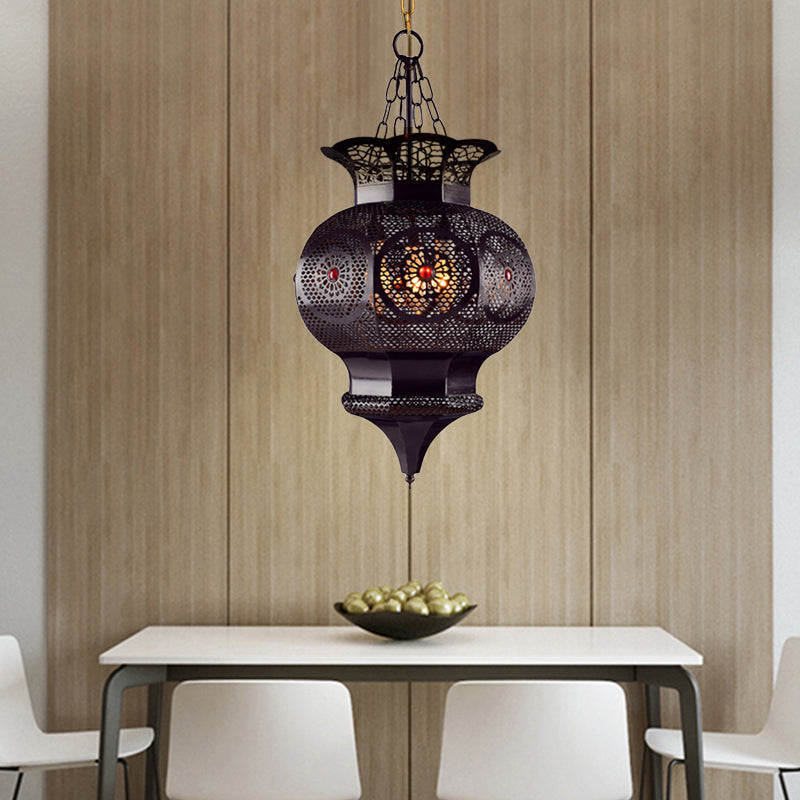 Black 3-Head Chandelier Lighting Arab Metal Vase Ceiling Lamp with Hollow Pattern for Bedroom