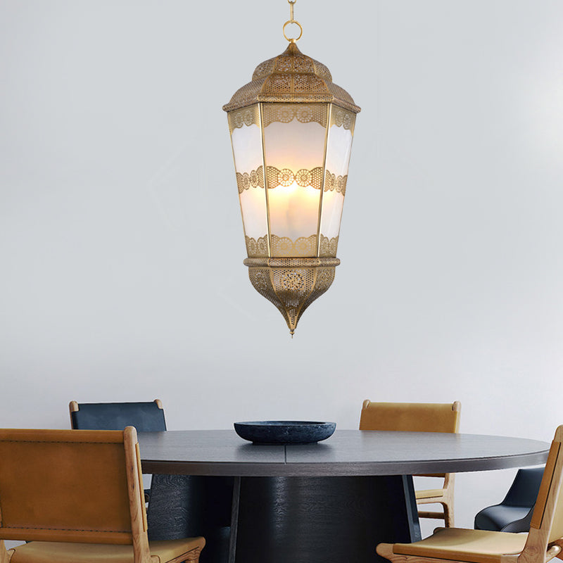 Metal Lantern Chandelier Southeast Asia 3 Bulbs Restaurant Pendant in Brass with Frosted Glass Shade