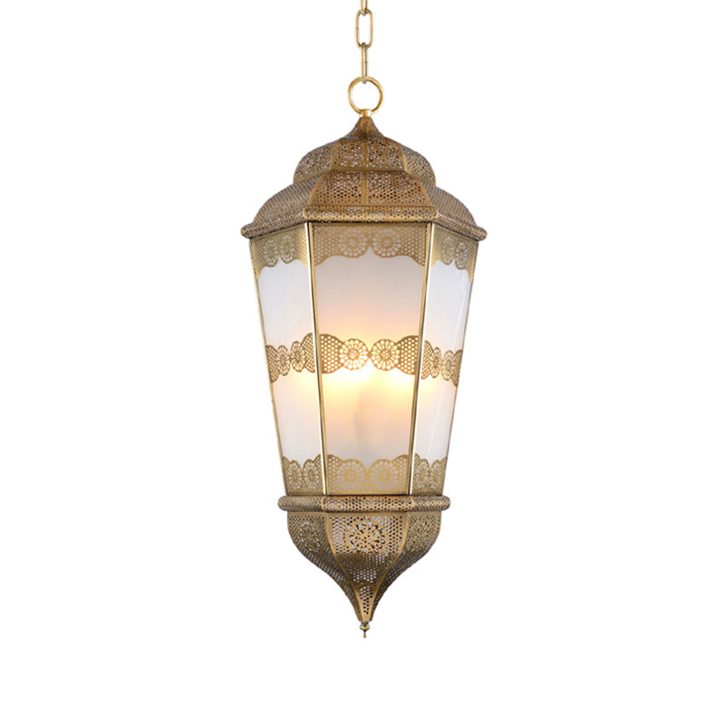 Metal Lantern Chandelier Southeast Asia 3 Bulbs Restaurant Pendant in Brass with Frosted Glass Shade