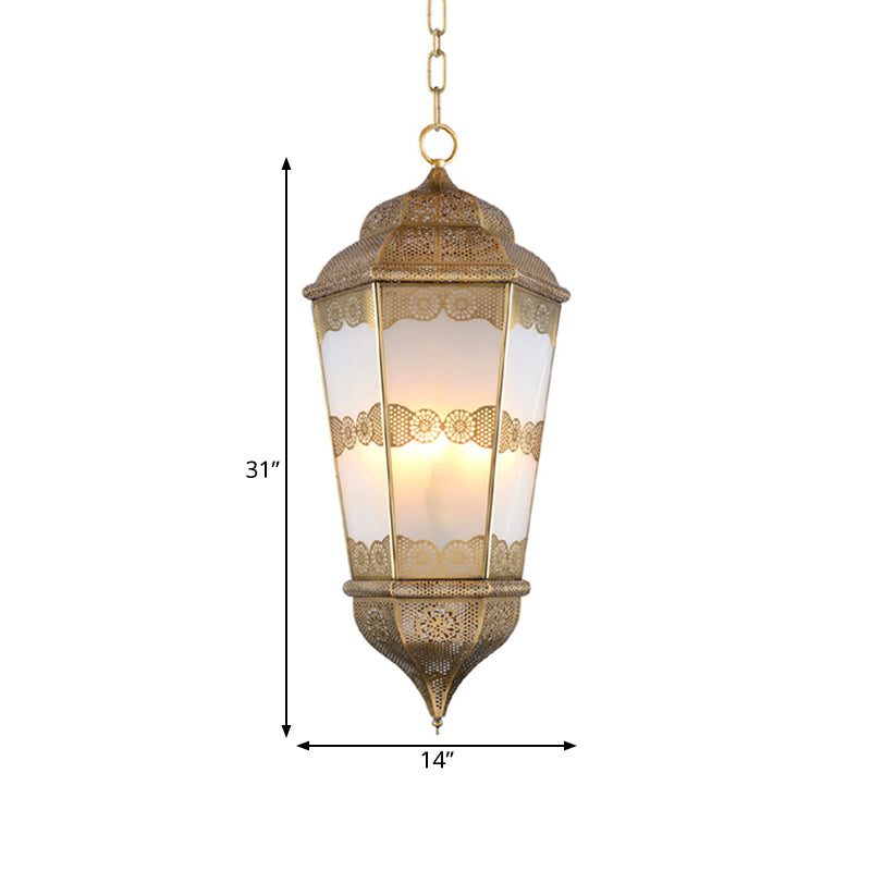 Metal Lantern Chandelier Southeast Asia 3 Bulbs Restaurant Pendant in Brass with Frosted Glass Shade