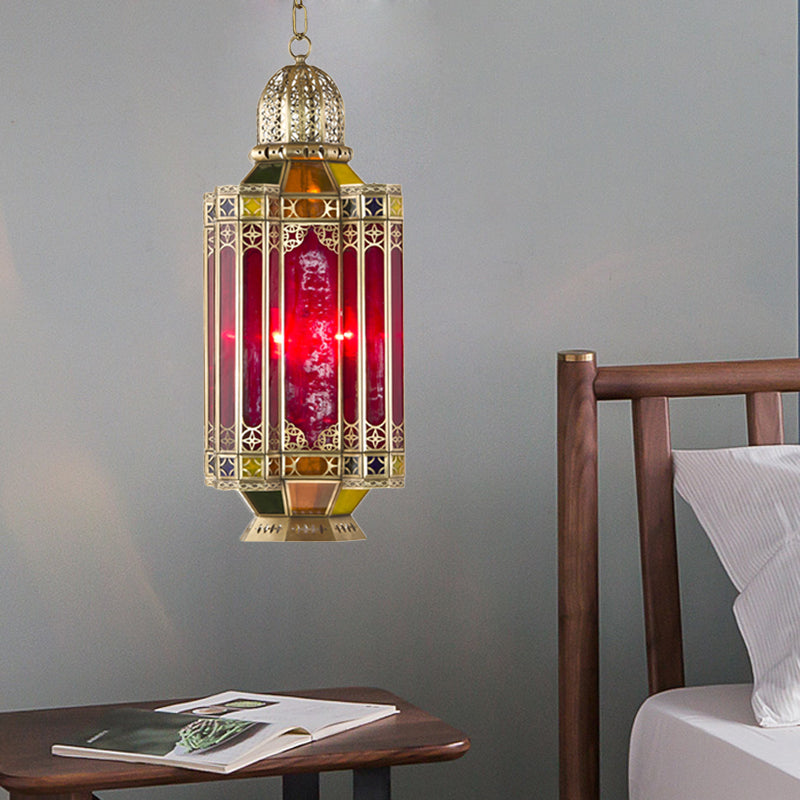 Arab Lantern Hanging Chandelier 3 Heads Red Glass Pendant Ceiling Light in Brass for Corridor