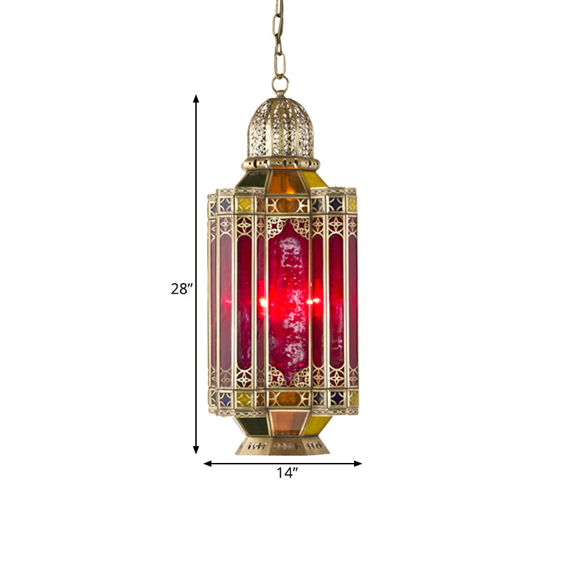 Arab Lantern Hanging Chandelier 3 Heads Red Glass Pendant Ceiling Light in Brass for Corridor