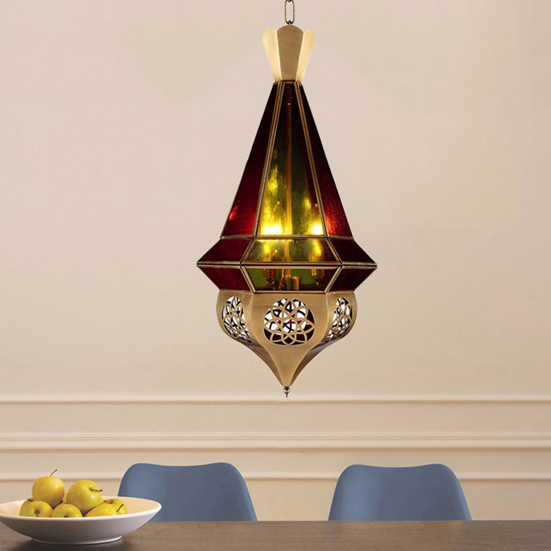 Verjüngter Metallheizlampe Araber 3 Lampenrestaurant Kronleuchter in Messing mit Buntglasschatten