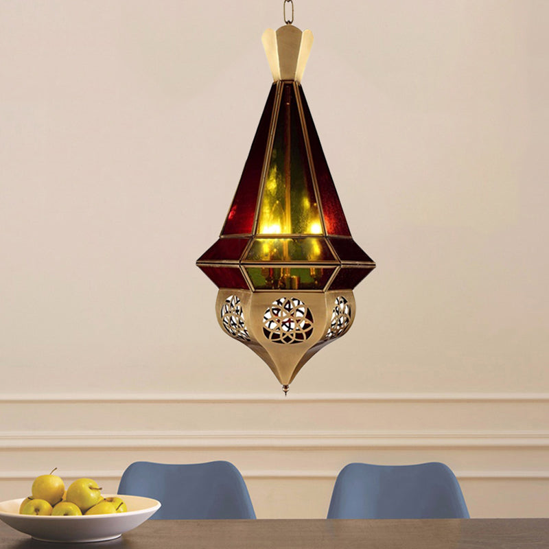 Tapered Metal Pendant Lamp Arab 3 Bulbs Restaurant Chandelier in Brass with Stained Glass Shade