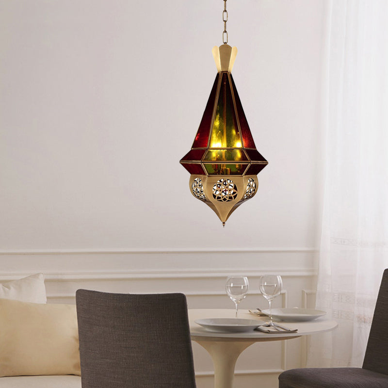 Tapered Metal Pendant Lamp Arab 3 Bulbs Restaurant Chandelier in Brass with Stained Glass Shade