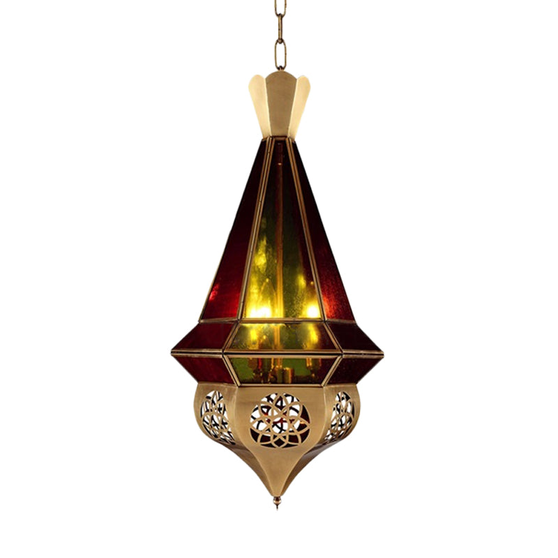 Tapered Metal Pendant Lamp Arab 3 Bulbs Restaurant Chandelier in Brass with Stained Glass Shade