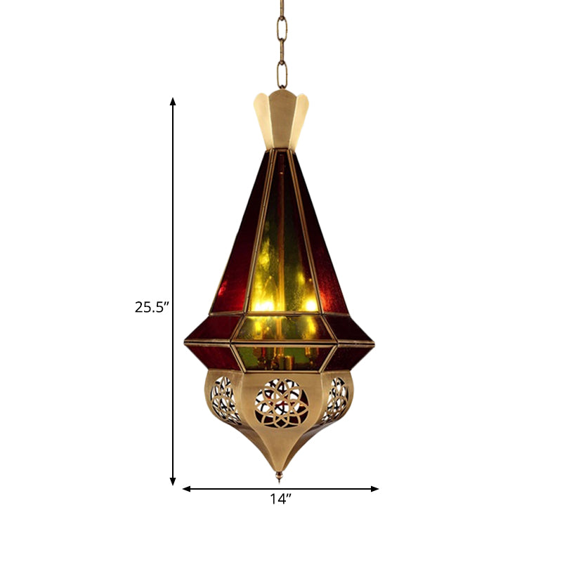 Tapered Metal Pendant Lamp Arab 3 Bulbs Restaurant Chandelier in Brass with Stained Glass Shade