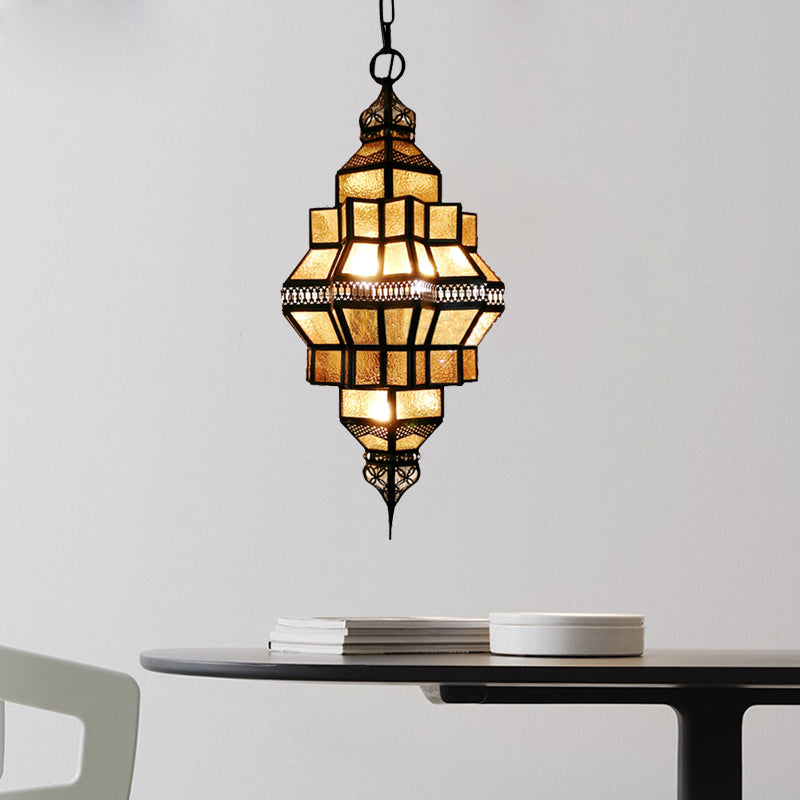 4-Light Hanging Lamp Decorative Restaurant Chandelier with Lantern Amber Glass Shade in Gold