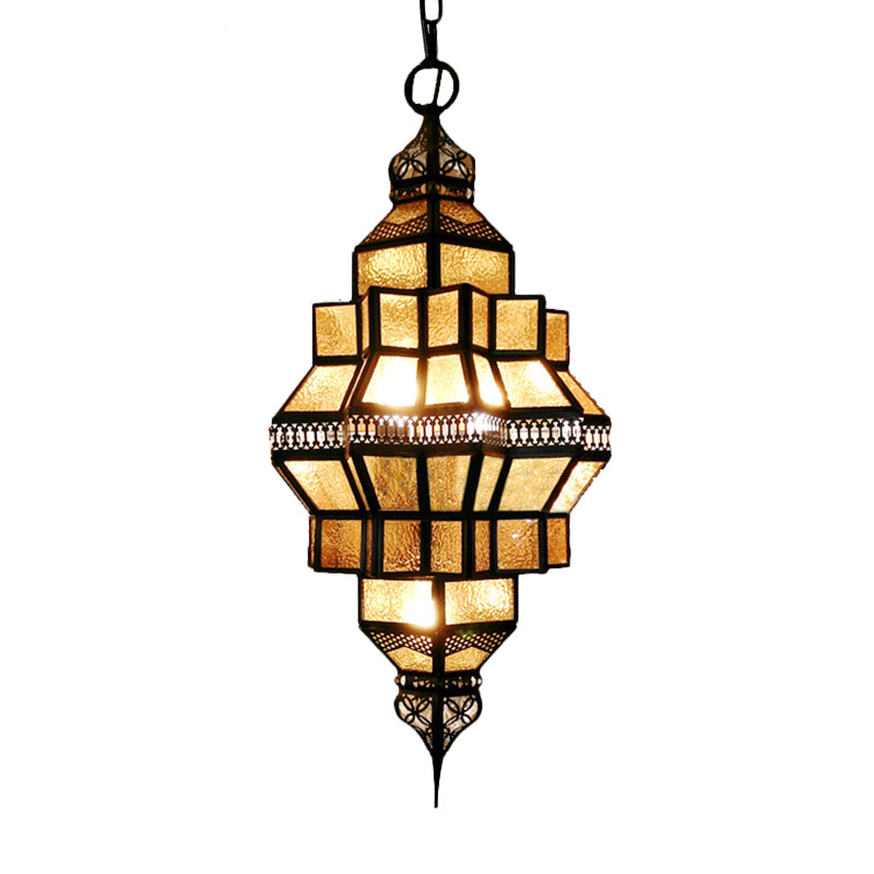 4-Light Hanging Lamp Decorative Restaurant Chandelier with Lantern Amber Glass Shade in Gold