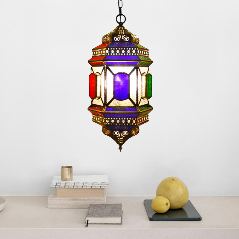 Retro Lantern Chandelier Light 3-Bulb Stained Glass Suspension Lamp in Brass for Restaurant