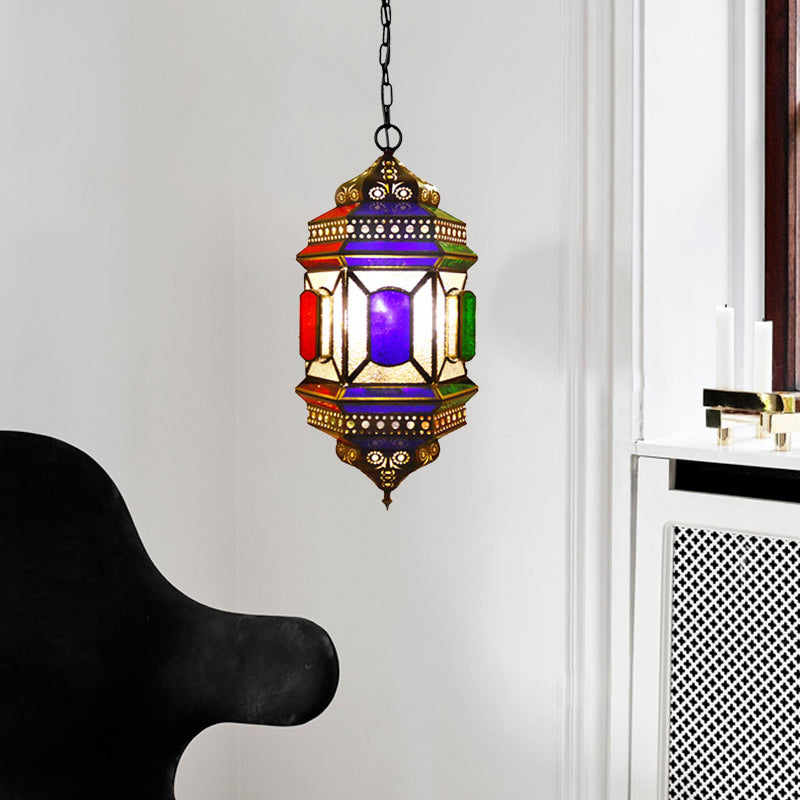 Retro Lantern Chandelier Light 3-Bulb Stained Glass Suspension Lamp in Brass for Restaurant