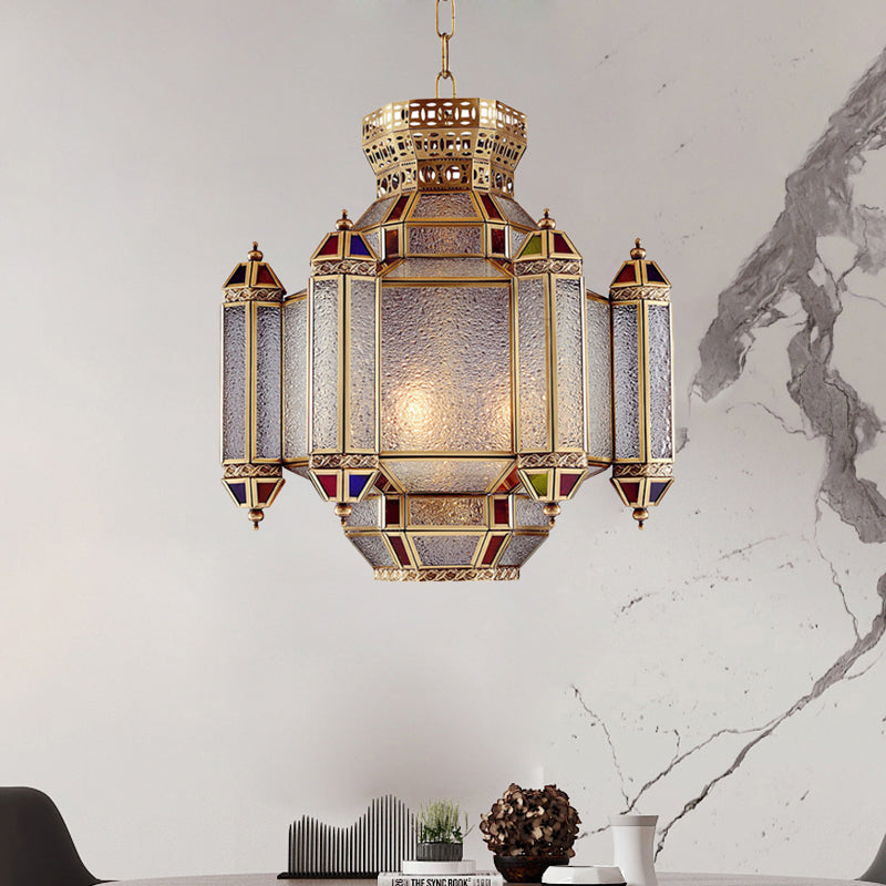 Classic Lantern Pendant Light 4-Head Frosted Glass Chandelier Lighting Fixture in Brass for Restaurant
